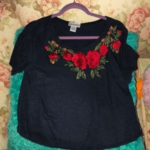 Navy blue crop top with flowers embroidered on
